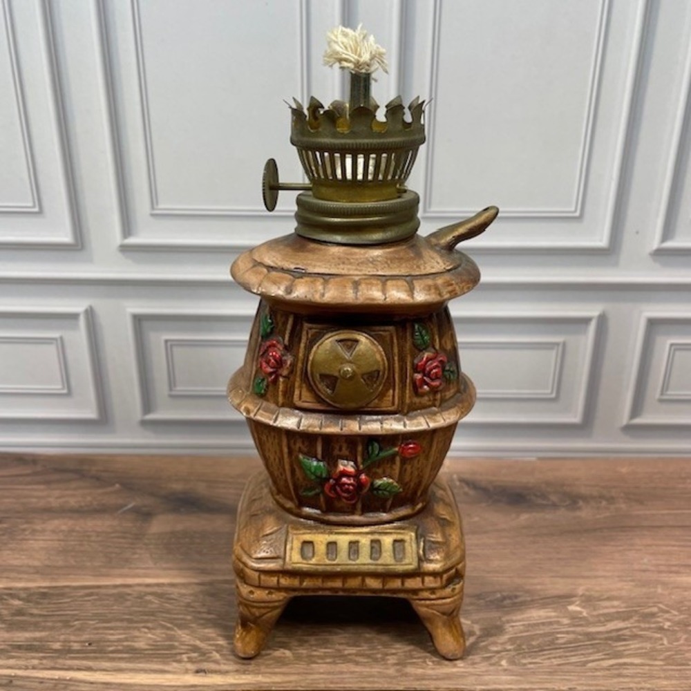 VINTAGE Ceramic Mini Pot Belly Stove with Roses Kerosine Oil Lamp‎ 7" Japan